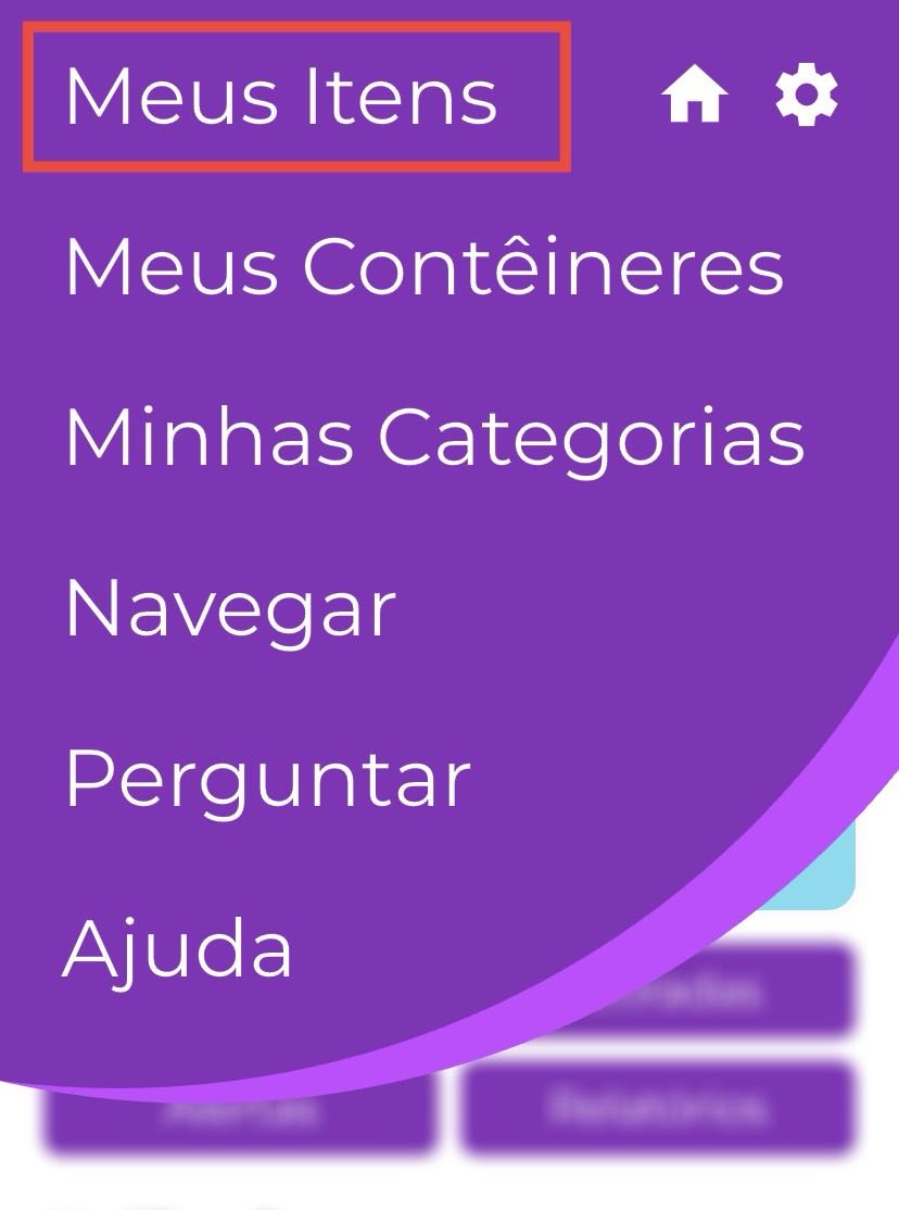 Menu do aplicativo Scanlily aberto com "Meus Itens" selecionado