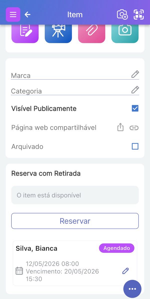 Página do item mostrando a reserva na parte inferior e o lápis de edição.