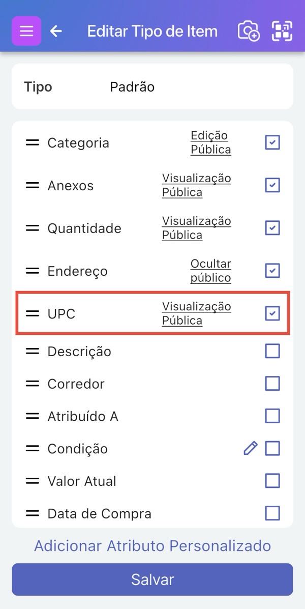 Tela "Editar Tipo de Item" com campos visíveis e o campo UPC destacado