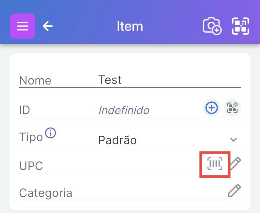 Página do Item mostrando campo UPC vazio com código de barras à direita destacado