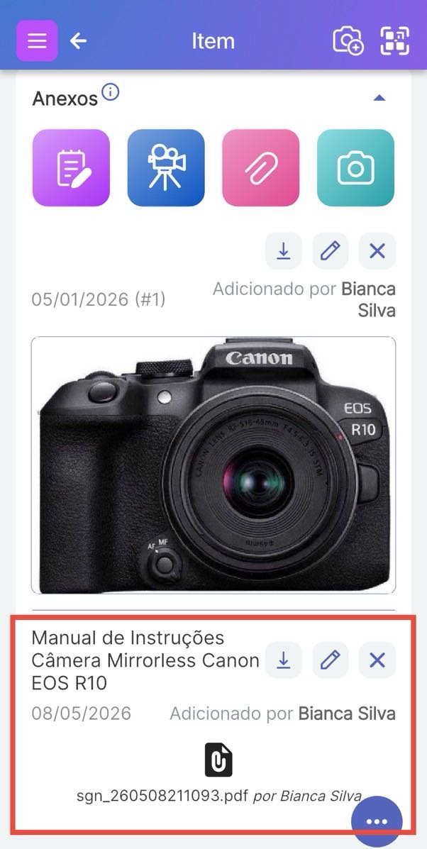 Tela de item mostrando um anexo de item