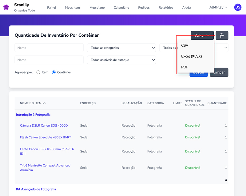 Opção de relatório para download como arquivo CSV, Excel ou PDF