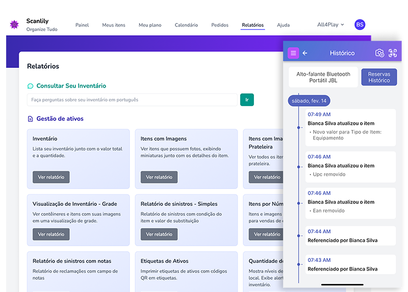 Menu de relatórios do site do usuário Scanlily ao lado da visualização do histórico do Scanlily Mobile
