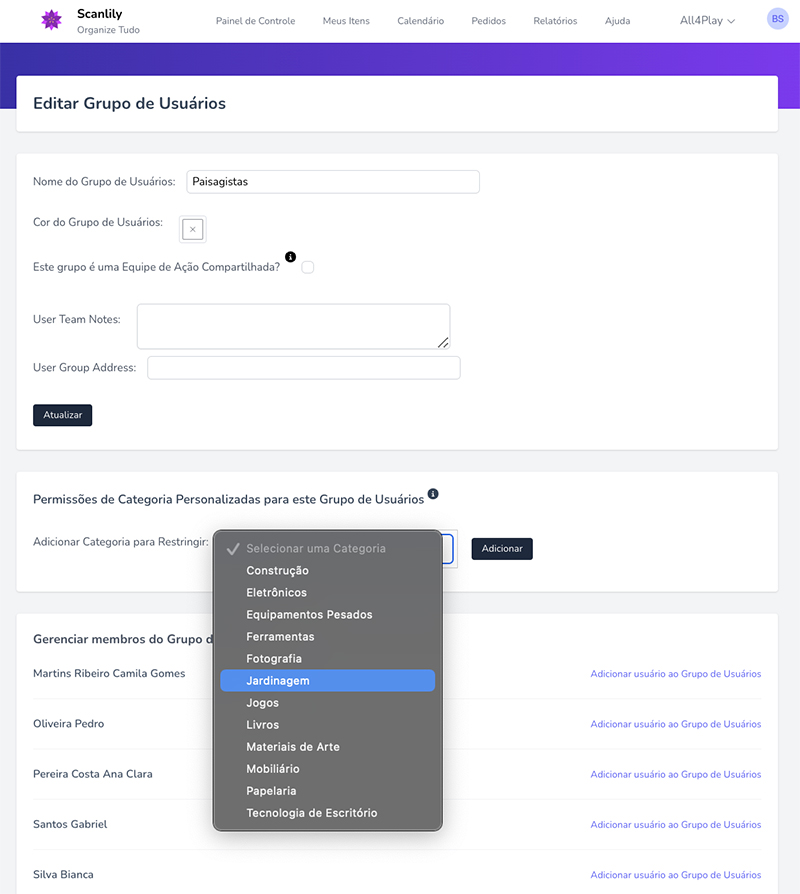 Edit User Group Page with ability to add group, indicate whether it is a shared action team, restrict categories and add or edit users