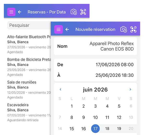 Capturas de tela de como fazer uma reserva no Sistema de Reservas da Scanlily e uma lista de reservas atuais e atrasadas.