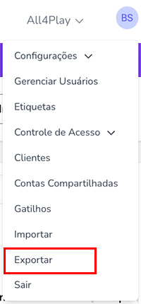 Menu do usuário mostrando a opção Exportar