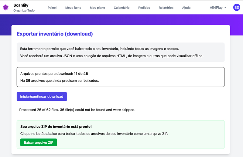 Página de Exportação de Inventário com o botão Atualizar Arquivos