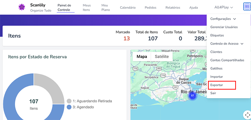 Opção de exportação no menu superior direito do Site do Usuário