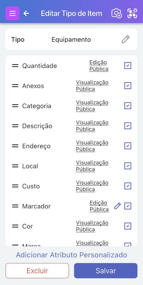 Lápis mostrado ao lado do atributo Sinalizador na tela Editar Tipo de Item