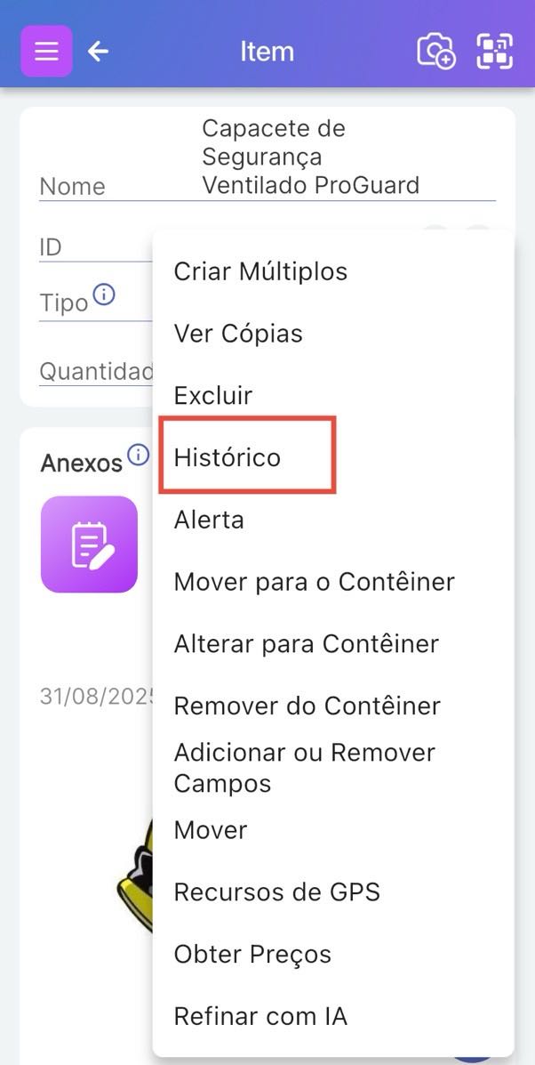 A imagem mostra uma Página de Item com o menu pop-up com o