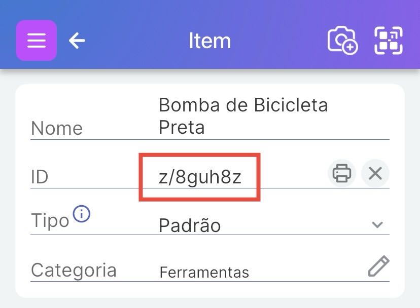 Código QR do Scanlily destacado na tela "Item" no campo ID