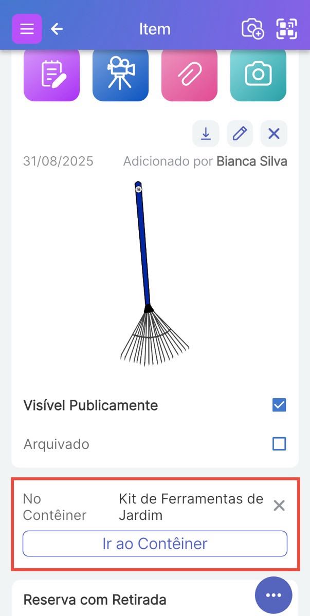 Imagem destacando onde na página de detalhes do Item é indicado que o item está em um contêiner específico