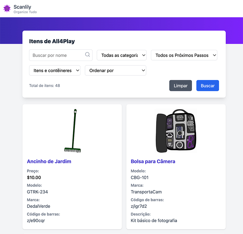 Página de resumo do inventário com imagens dos itens e os próprios itens