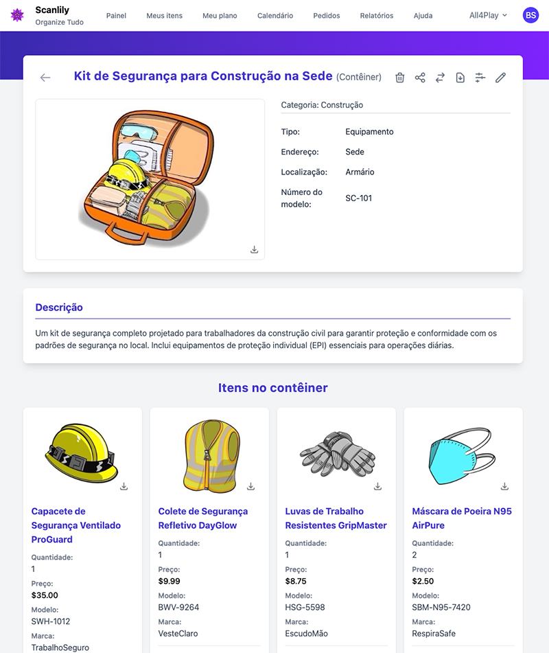 Um contêiner com itens na seção Visualização do Inventário do Site do Usuário