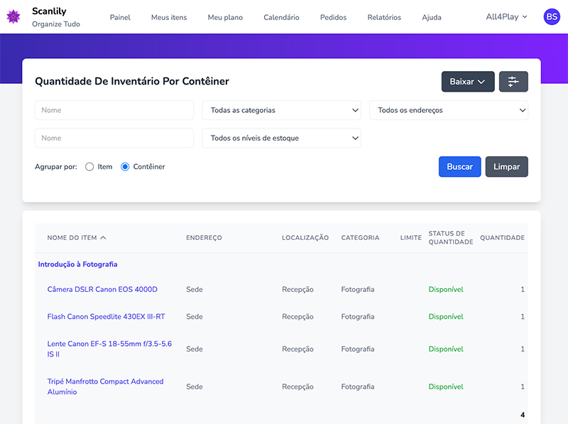 Relatório mostrando níveis de estoque por contêiner em cada local com sinalizadores de alerta de quantidade de inventário