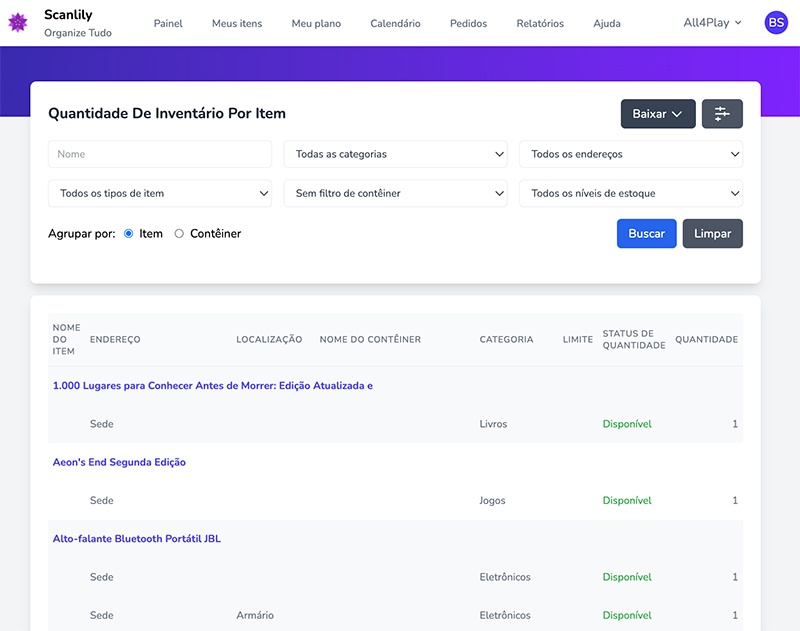 Relatório mostrando níveis de estoque por item em cada local com sinalizadores de alerta de quantidade de inventário