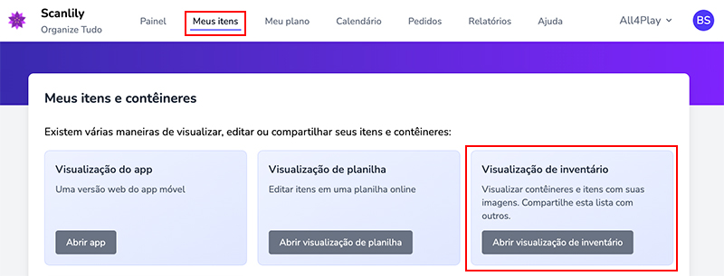 Seleção da opção Visualização de Inventário na seção Meus Itens do Site do Usuário