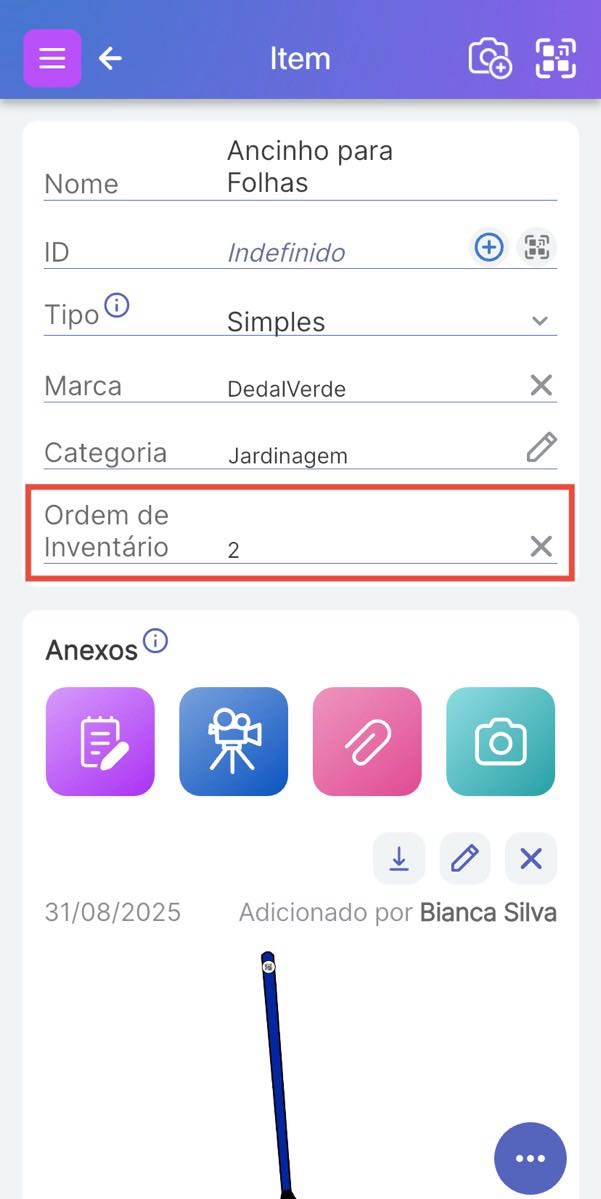 Página do Item mostrando o atributo Ordem do Inventário