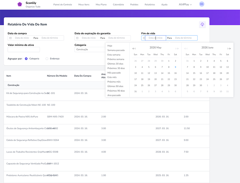 Seletor de intervalo de datas mostrando opções para datas específicas ou períodos relativos