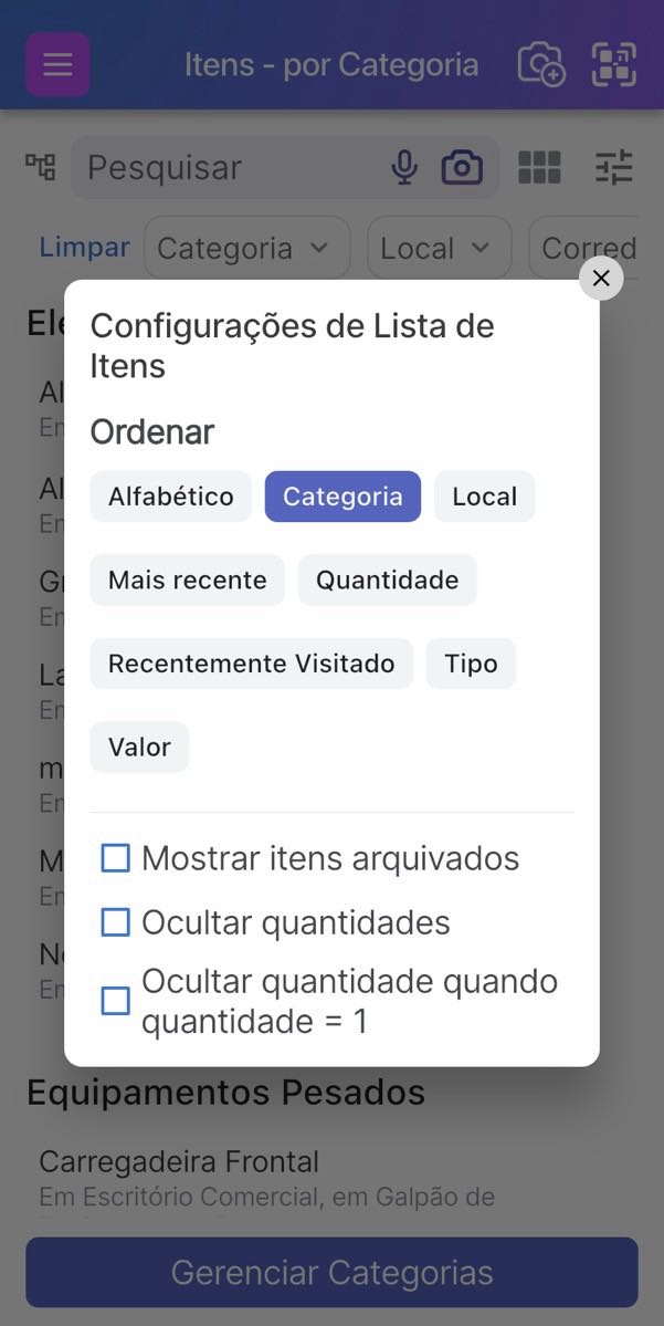 Imagem da página de Lista de Itens (Itens) por Categoria com um menu suspenso mostrando as opções de agrupamento, incluindo por Categoria