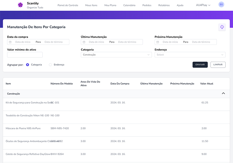 Relatório mostrando datas de serviço e próximos requisitos de serviço por categoria