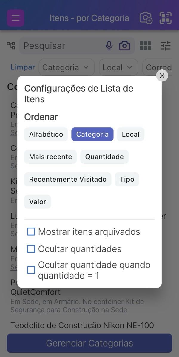 Imagem da Página de Lista de Itens com o menu suspenso 'Ordenar por' selecionado e agrupado por Categoria
