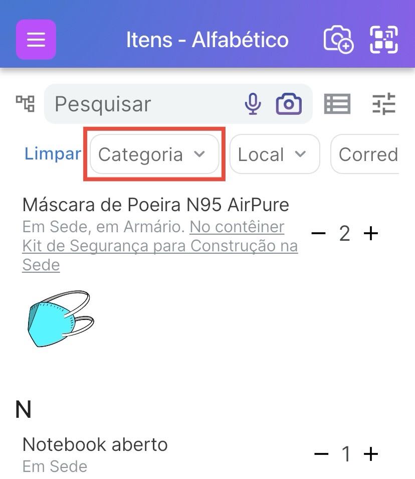 Página de lista de itens mostrando filtro de categoria na barra de pesquisa