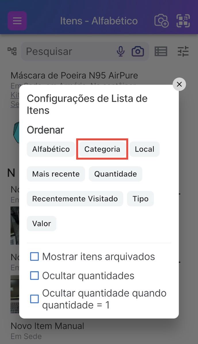 Página da lista de itens mostrando a opção "Ordenar por Categoria".