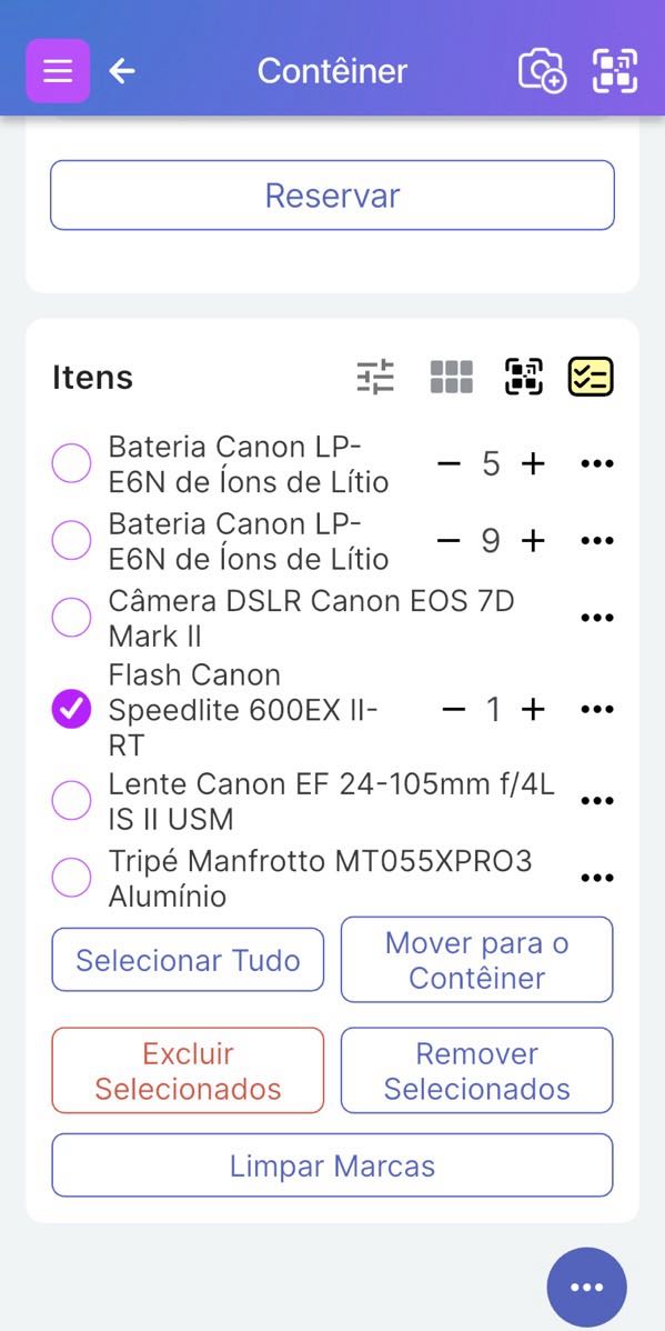 Imagem de itens em um contêiner com a lista de verificação ativada