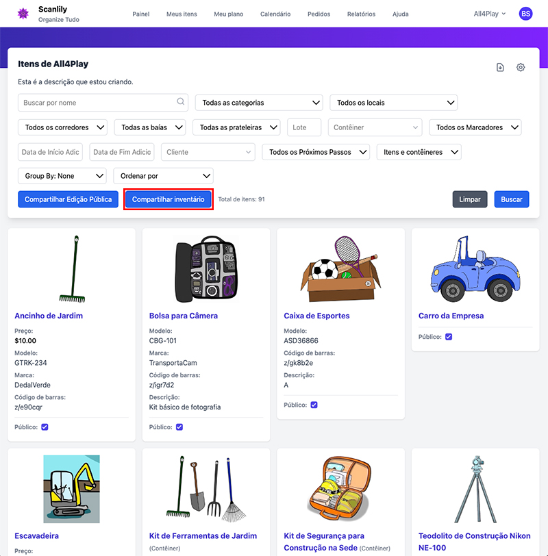 Itens mostrados na Visualização de Inventário