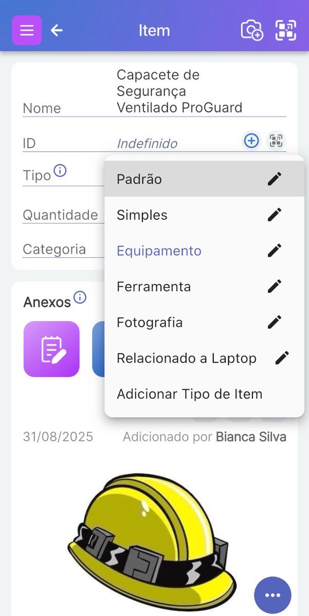 Tela de item com o Tipo de Item clicado, mostrando a lista de Tipos de Item possíveis que um usuário definiu.