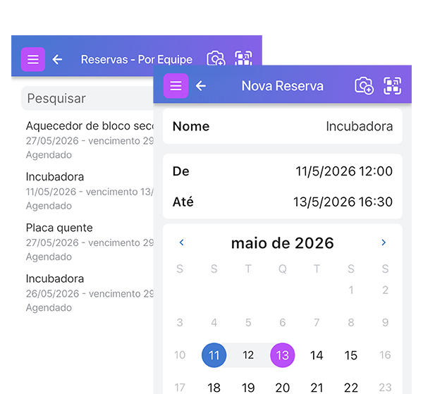 Duas telas do Scanlily: uma mostrando o calendário para uma reserva de item e outra mostrando a lista de reservas