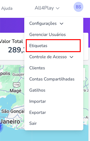 Menu de perfil do usuário mostrando a opção Rótulos