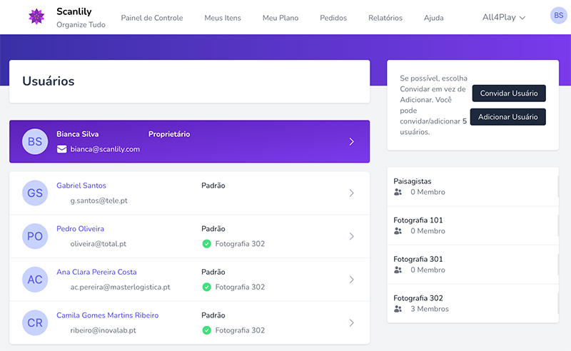 Página Gerenciar Usuários mostrando lista de usuários com botões Convidar Usuário e Adicionar Usuário