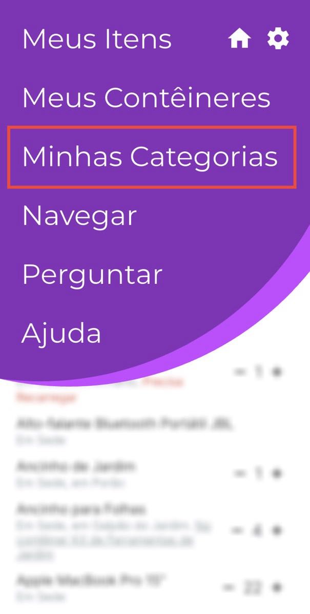 Imagem do menu aberto mostrando "Minhas Categorias".