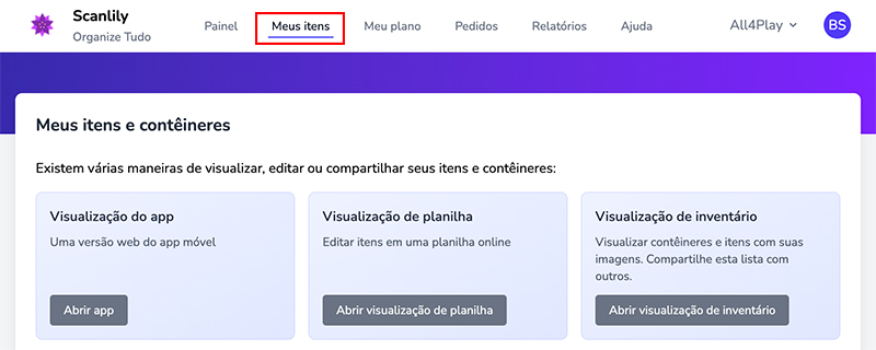Submenu Meus Itens mostrando as opções Visualização de Aplicativo, Visualização de Planilha e Visualização de Inventário