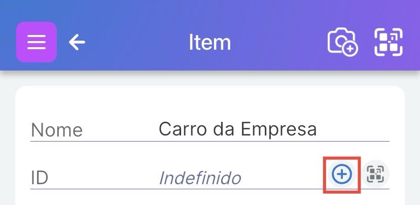 Campo do item mostrando ID nulo com símbolo + para gerar código QR