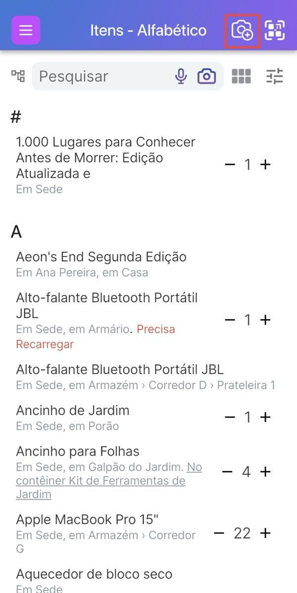 Imagem mostrando o botão de câmera com sinal de mais realçado