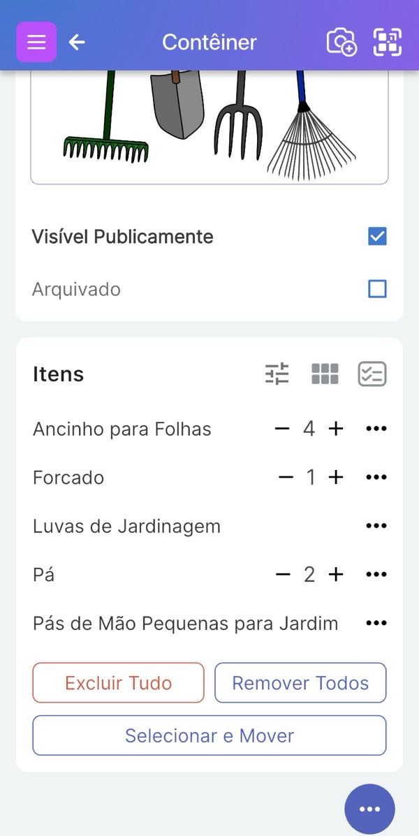 Página do Contêiner mostrando o item Forcado com quantidade dentro do contêiner Kit de Jardinagem