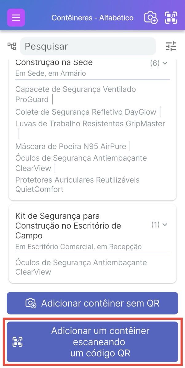 Imagem mostrando como adicionar um contêiner com um código QR clicando no botão QR superior direito ou usando o