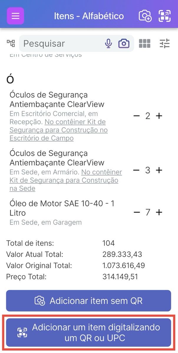 Imagem mostrando o botão Adicionar um item escaneando um QR ou UPC na parte inferior da página da lista de itens