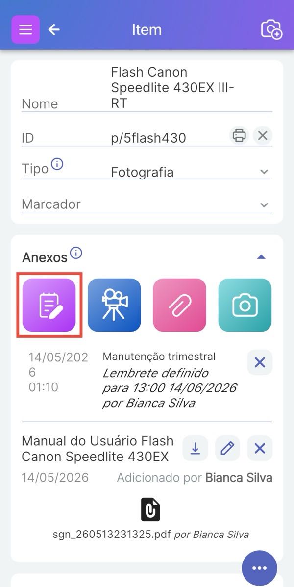 Os ícones de anexos da página do Item com o ícone de Nota destacado