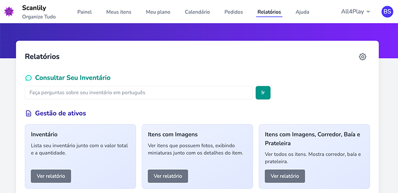 Item de menu Relatórios selecionado na navegação