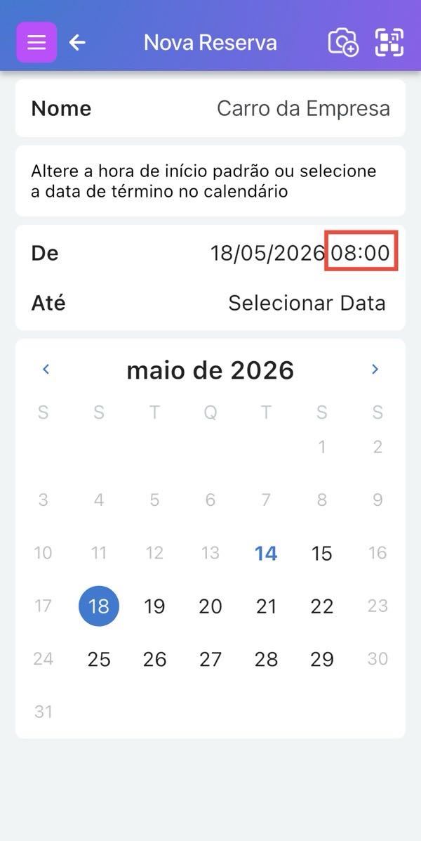 Interface de seleção de horário para o início da reserva
