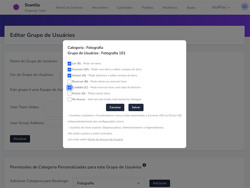 Mostra pop-up para selecionar direitos de uso para o grupo