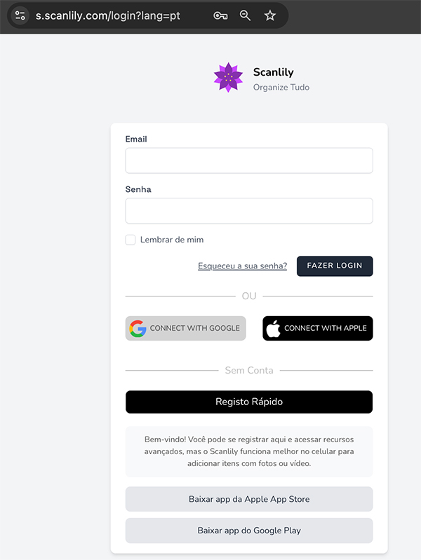 Mostra e-mail e senha para https://s.scanlily.com/login. Também mostra as opções Conectar com Google e Conectar com Apple para https://s.scanlily.com/login