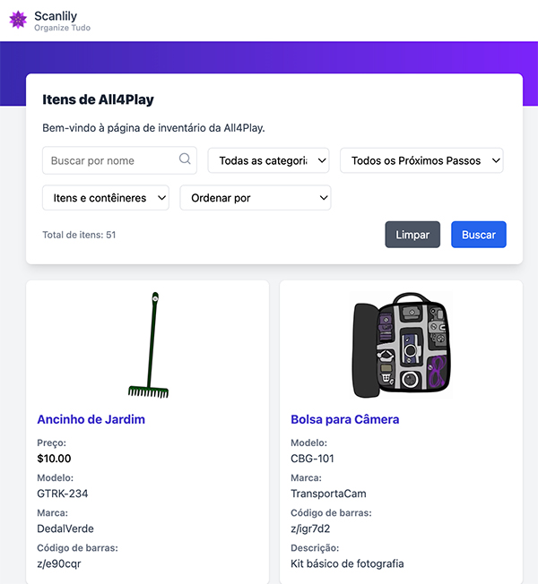Visualização do Inventário mostrando itens em layout de grade