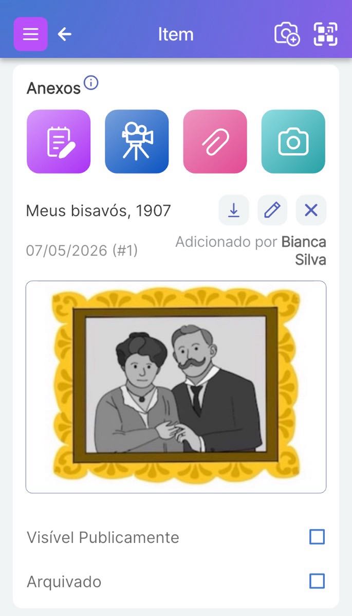 Tela de item do Scanlily mostrando imagem de retrato de família centenário