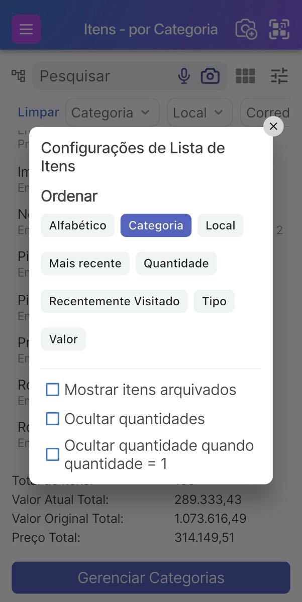 Opções de "Ordenar por" mostradas na tela da Lista de Itens