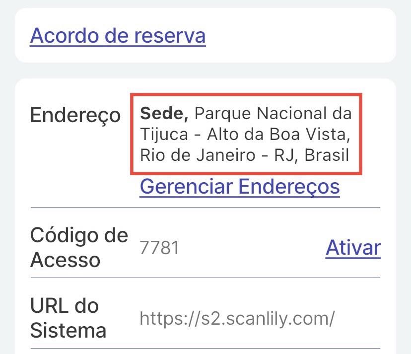 Seção de endereço na parte inferior das configurações